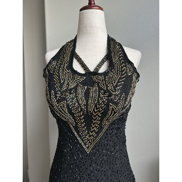 100% Silk Beaded Formal Halter Dress Size XS Statement Dress Glam Luxe - Picture 4 of 14